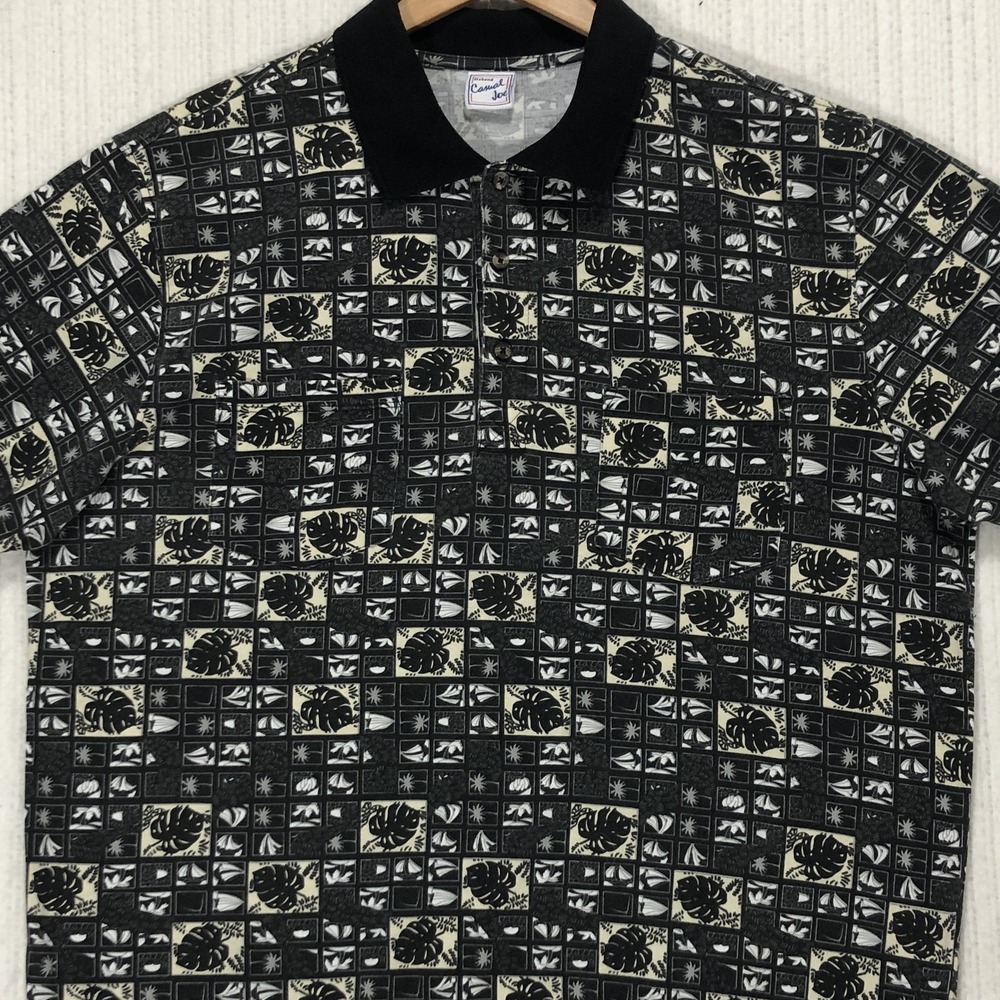 Vintage 90s Haband Casual Joe Tropical All Over Print Knit Polo Shirt Mens XL